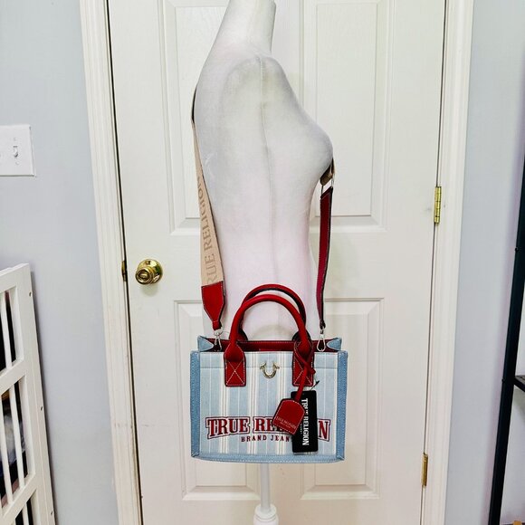 TRUE RELIGION BRAND JEANS DENIM STRIPE CROSSBODY SATCHEL BAG - Picture 2 of 12